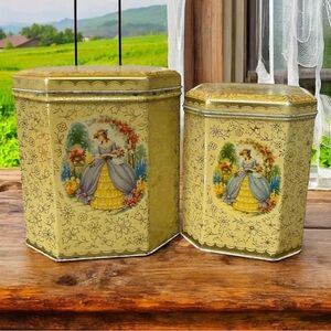 Vintage Women in Garden Hinged Biscuit Metal Tin Set of 2
